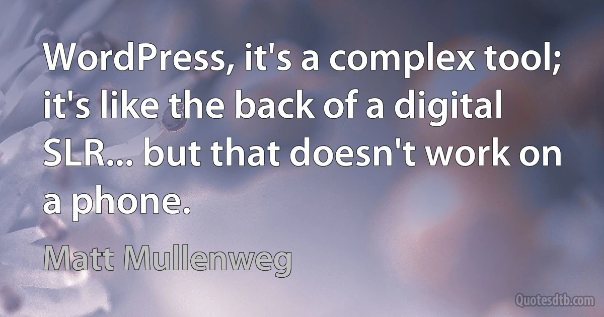 WordPress, it's a complex tool; it's like the back of a digital SLR... but that doesn't work on a phone. (Matt Mullenweg)