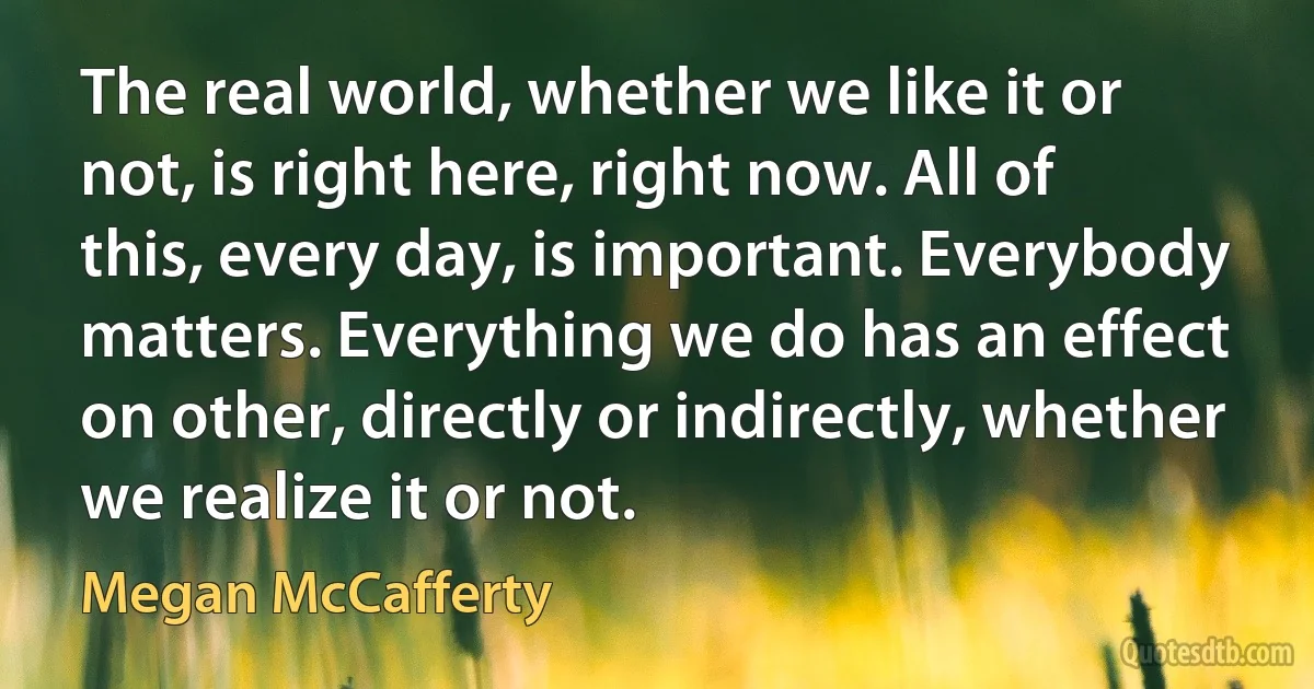 The real world, whether we like it or not, is right here, right now. All of this, every day, is important. Everybody matters. Everything we do has an effect on other, directly or indirectly, whether we realize it or not. (Megan McCafferty)