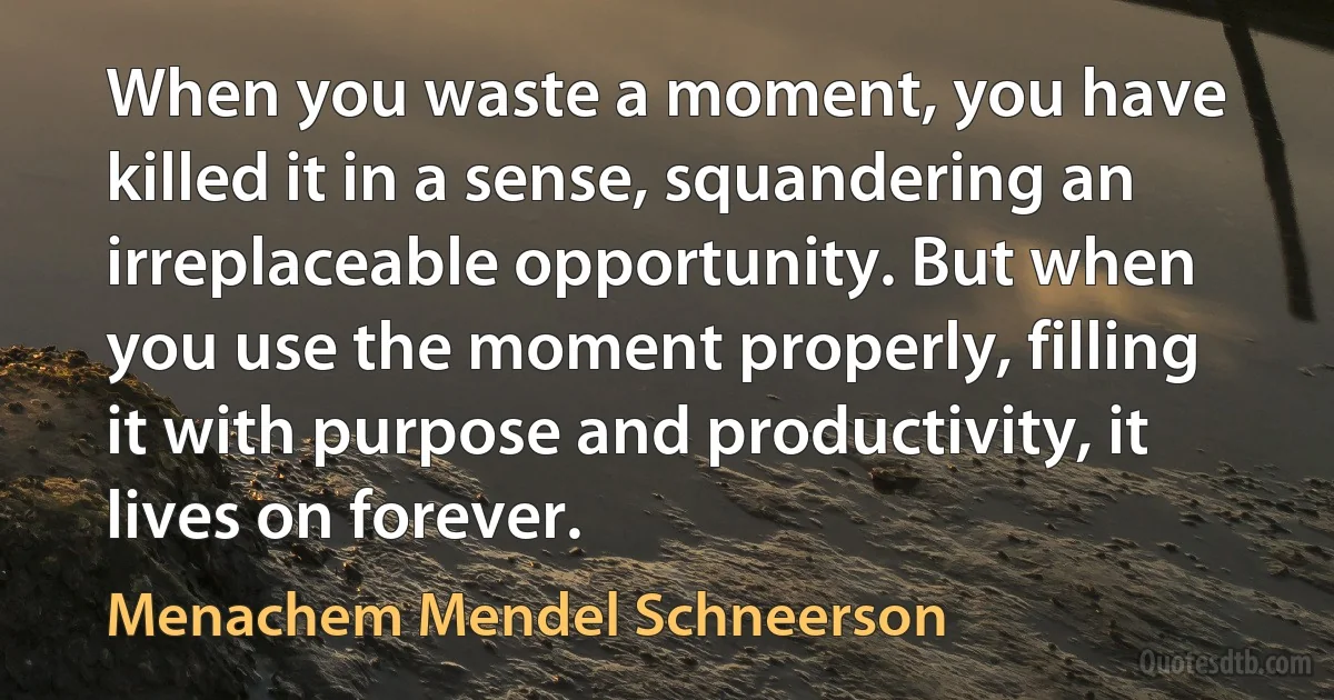 When you waste a moment, you have killed it in a sense, squandering an irreplaceable opportunity. But when you use the moment properly, filling it with purpose and productivity, it lives on forever. (Menachem Mendel Schneerson)