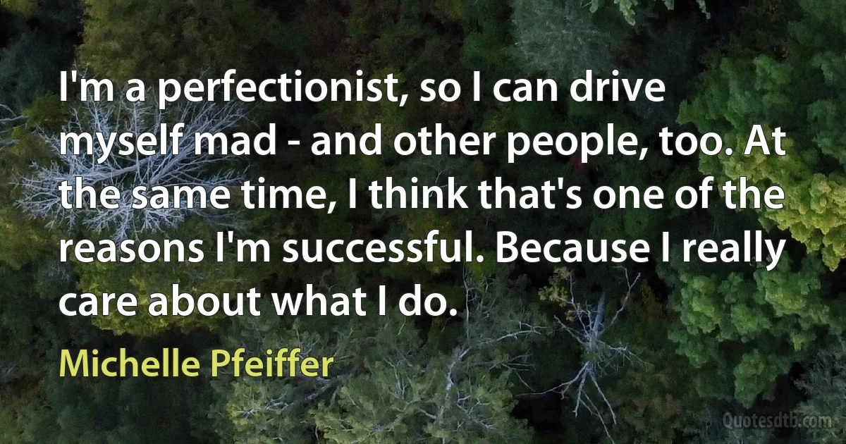 I'm a perfectionist, so I can drive myself mad - and other people, too. At the same time, I think that's one of the reasons I'm successful. Because I really care about what I do. (Michelle Pfeiffer)