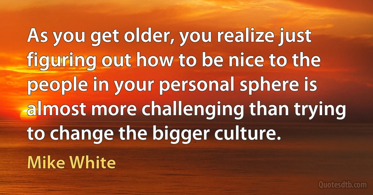 As you get older, you realize just figuring out how to be nice to the people in your personal sphere is almost more challenging than trying to change the bigger culture. (Mike White)