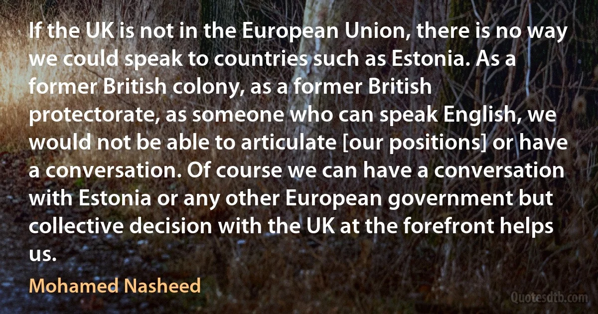 If the UK is not in the European Union, there is no way we could speak to countries such as Estonia. As a former British colony, as a former British protectorate, as someone who can speak English, we would not be able to articulate [our positions] or have a conversation. Of course we can have a conversation with Estonia or any other European government but collective decision with the UK at the forefront helps us. (Mohamed Nasheed)