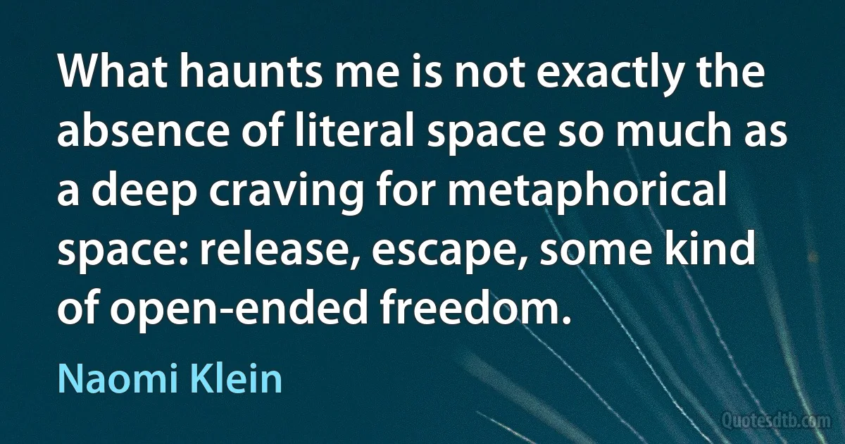 What haunts me is not exactly the absence of literal space so much as a deep craving for metaphorical space: release, escape, some kind of open-ended freedom. (Naomi Klein)