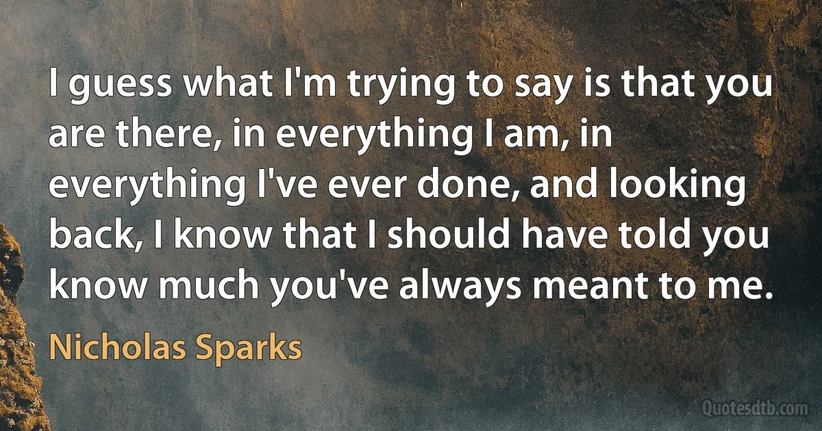 I guess what I'm trying to say is that you are there, in everything I am, in everything I've ever done, and looking back, I know that I should have told you know much you've always meant to me. (Nicholas Sparks)