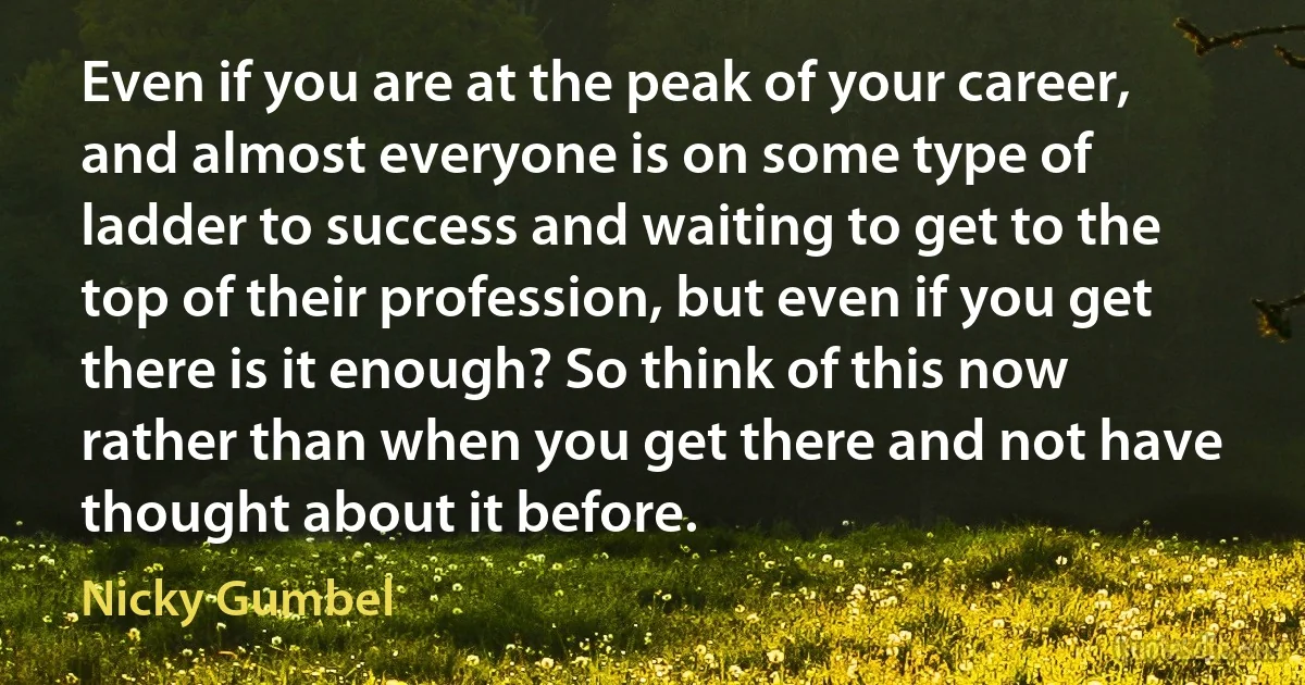 Even if you are at the peak of your career, and almost everyone is on some type of ladder to success and waiting to get to the top of their profession, but even if you get there is it enough? So think of this now rather than when you get there and not have thought about it before. (Nicky Gumbel)