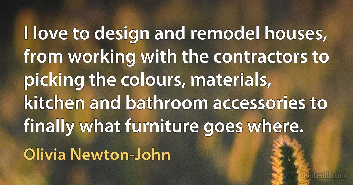 I love to design and remodel houses, from working with the contractors to picking the colours, materials, kitchen and bathroom accessories to finally what furniture goes where. (Olivia Newton-John)