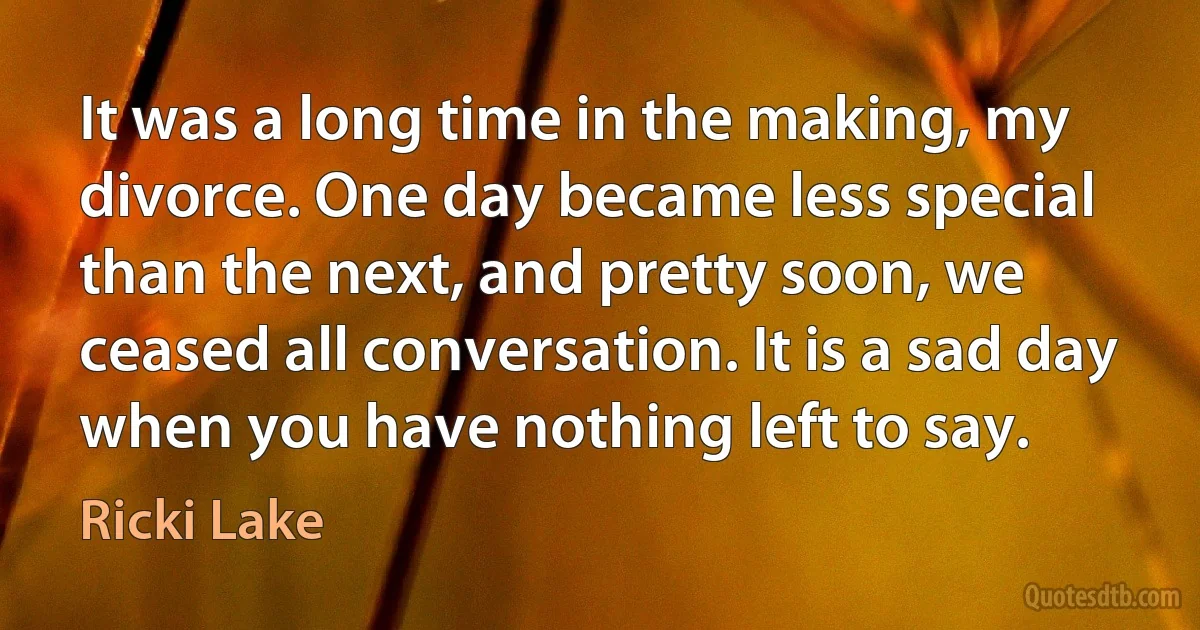 It was a long time in the making, my divorce. One day became less special than the next, and pretty soon, we ceased all conversation. It is a sad day when you have nothing left to say. (Ricki Lake)