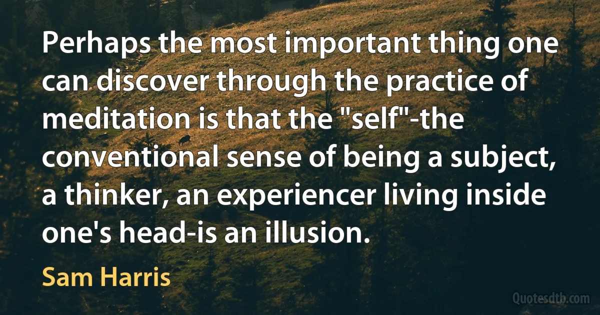 Perhaps the most important thing one can discover through the practice of meditation is that the "self"-the conventional sense of being a subject, a thinker, an experiencer living inside one's head-is an illusion. (Sam Harris)