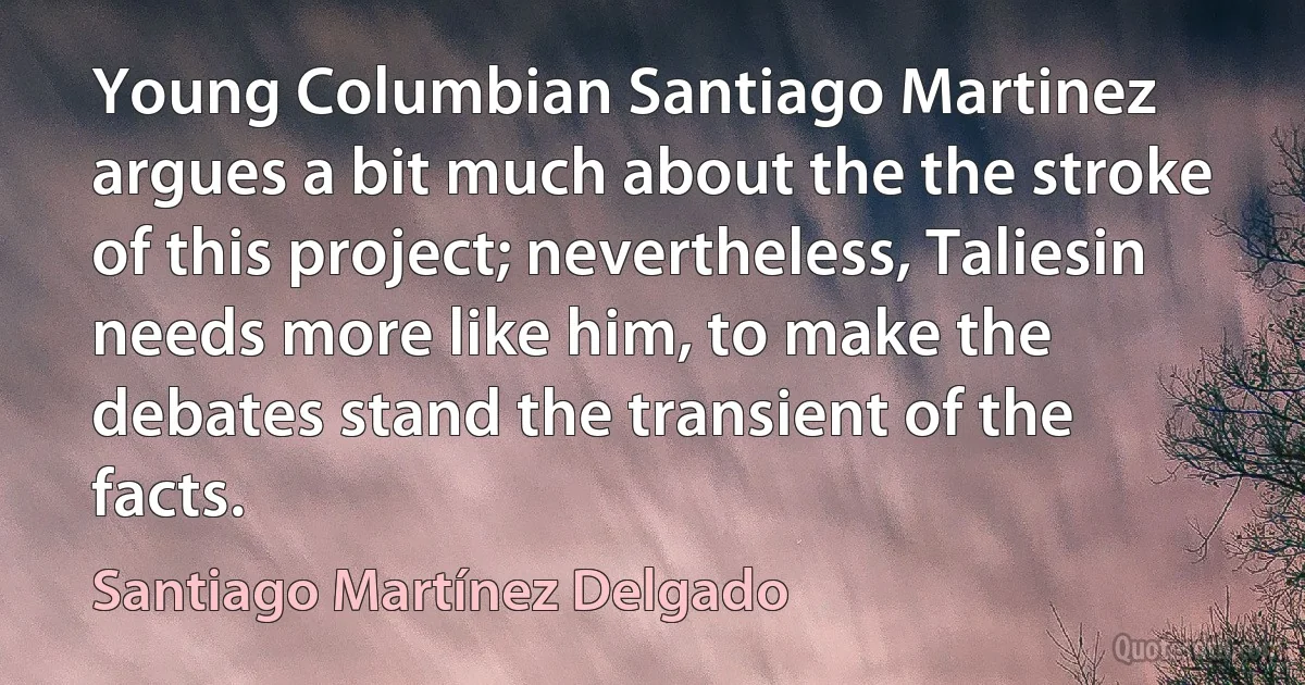 Young Columbian Santiago Martinez argues a bit much about the the stroke of this project; nevertheless, Taliesin needs more like him, to make the debates stand the transient of the facts. (Santiago Martínez Delgado)