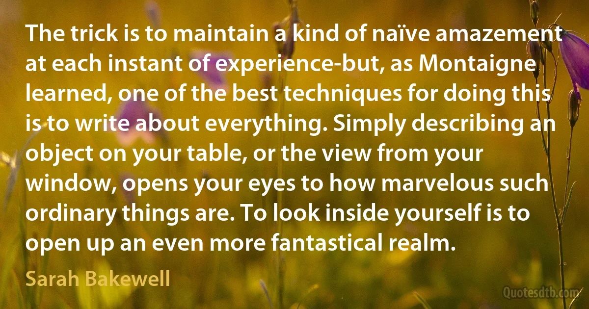 The trick is to maintain a kind of naïve amazement at each instant of experience-but, as Montaigne learned, one of the best techniques for doing this is to write about everything. Simply describing an object on your table, or the view from your window, opens your eyes to how marvelous such ordinary things are. To look inside yourself is to open up an even more fantastical realm. (Sarah Bakewell)