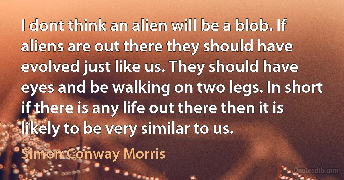 I dont think an alien will be a blob. If aliens are out there they should have evolved just like us. They should have eyes and be walking on two legs. In short if there is any life out there then it is likely to be very similar to us. (Simon Conway Morris)