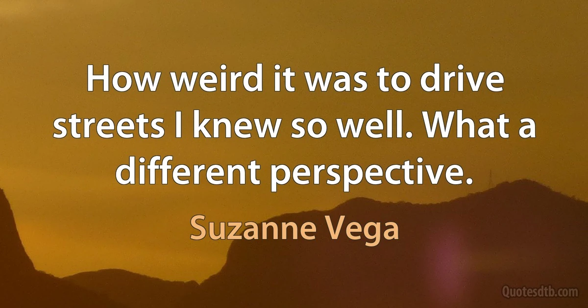 How weird it was to drive streets I knew so well. What a different perspective. (Suzanne Vega)