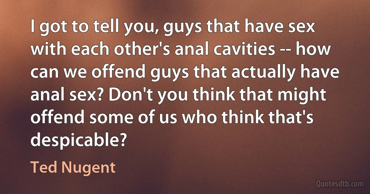 I got to tell you, guys that have sex with each other's anal cavities -- how can we offend guys that actually have anal sex? Don't you think that might offend some of us who think that's despicable? (Ted Nugent)