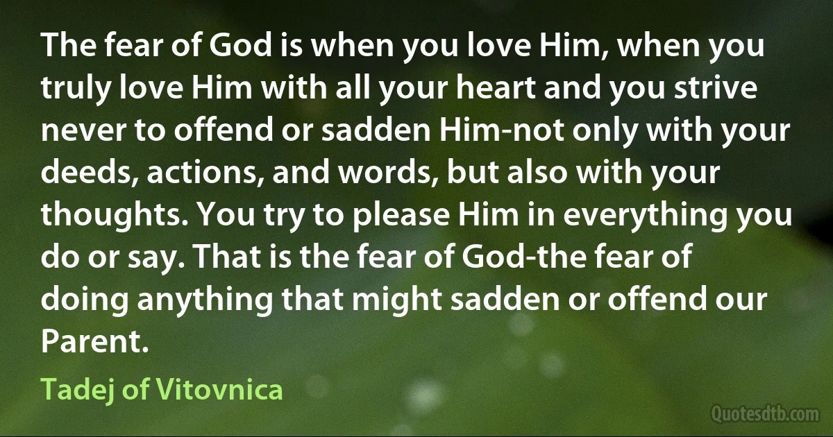 The fear of God is when you love Him, when you truly love Him with all your heart and you strive never to offend or sadden Him-not only with your deeds, actions, and words, but also with your thoughts. You try to please Him in everything you do or say. That is the fear of God-the fear of doing anything that might sadden or offend our Parent. (Tadej of Vitovnica)
