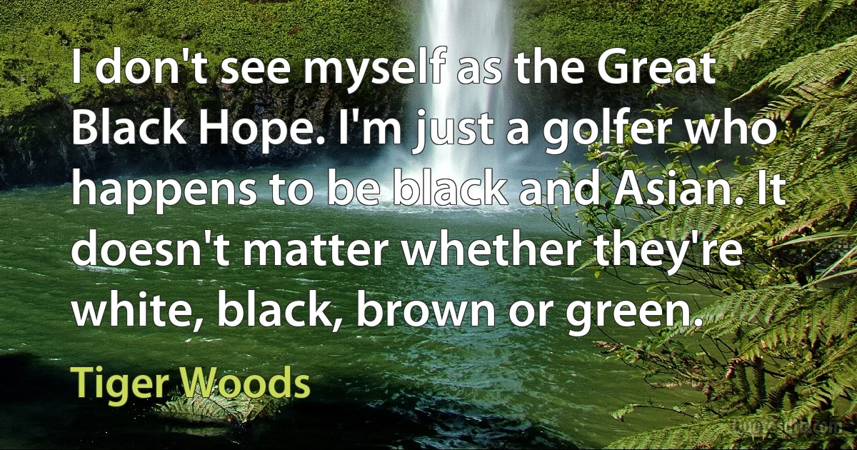 I don't see myself as the Great Black Hope. I'm just a golfer who happens to be black and Asian. It doesn't matter whether they're white, black, brown or green. (Tiger Woods)