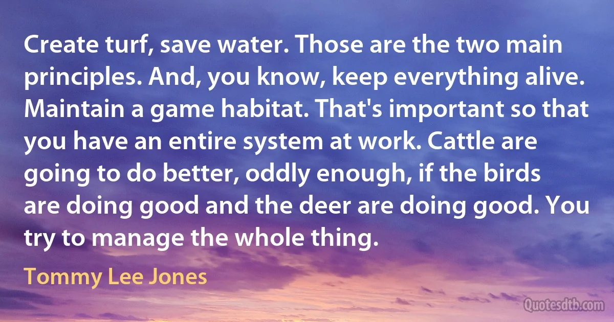 Create turf, save water. Those are the two main principles. And, you know, keep everything alive. Maintain a game habitat. That's important so that you have an entire system at work. Cattle are going to do better, oddly enough, if the birds are doing good and the deer are doing good. You try to manage the whole thing. (Tommy Lee Jones)