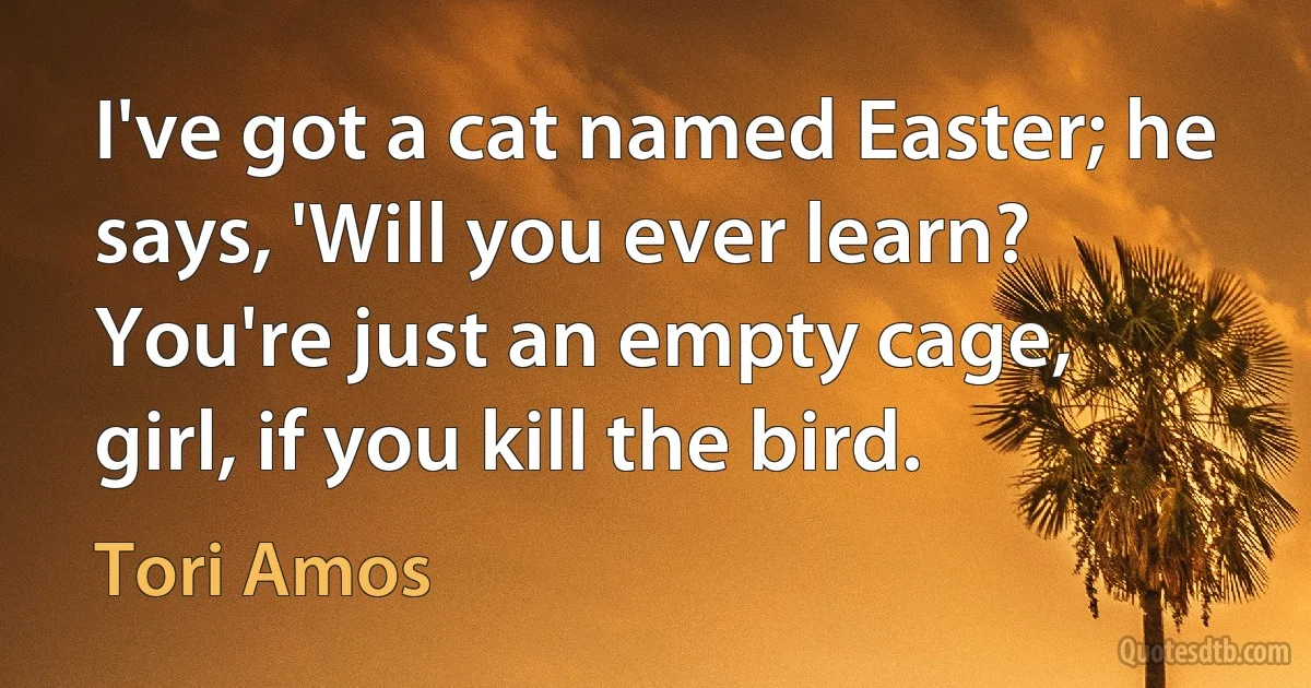 I've got a cat named Easter; he says, 'Will you ever learn?
You're just an empty cage, girl, if you kill the bird. (Tori Amos)