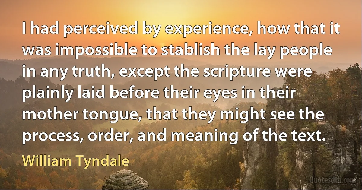 I had perceived by experience, how that it was impossible to stablish the lay people in any truth, except the scripture were plainly laid before their eyes in their mother tongue, that they might see the process, order, and meaning of the text. (William Tyndale)