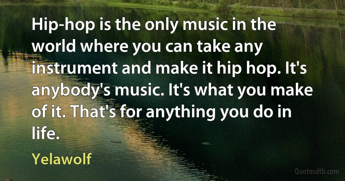 Hip-hop is the only music in the world where you can take any instrument and make it hip hop. It's anybody's music. It's what you make of it. That's for anything you do in life. (Yelawolf)