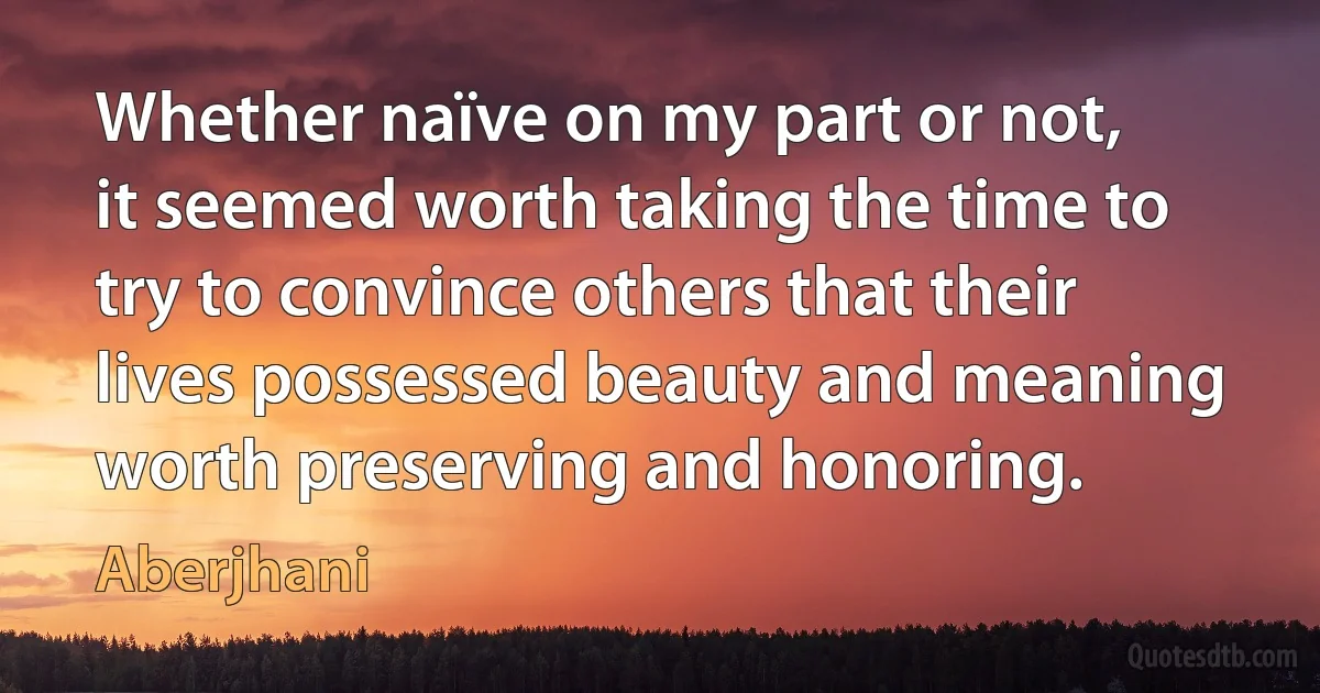 Whether naïve on my part or not, it seemed worth taking the time to try to convince others that their lives possessed beauty and meaning worth preserving and honoring. (Aberjhani)