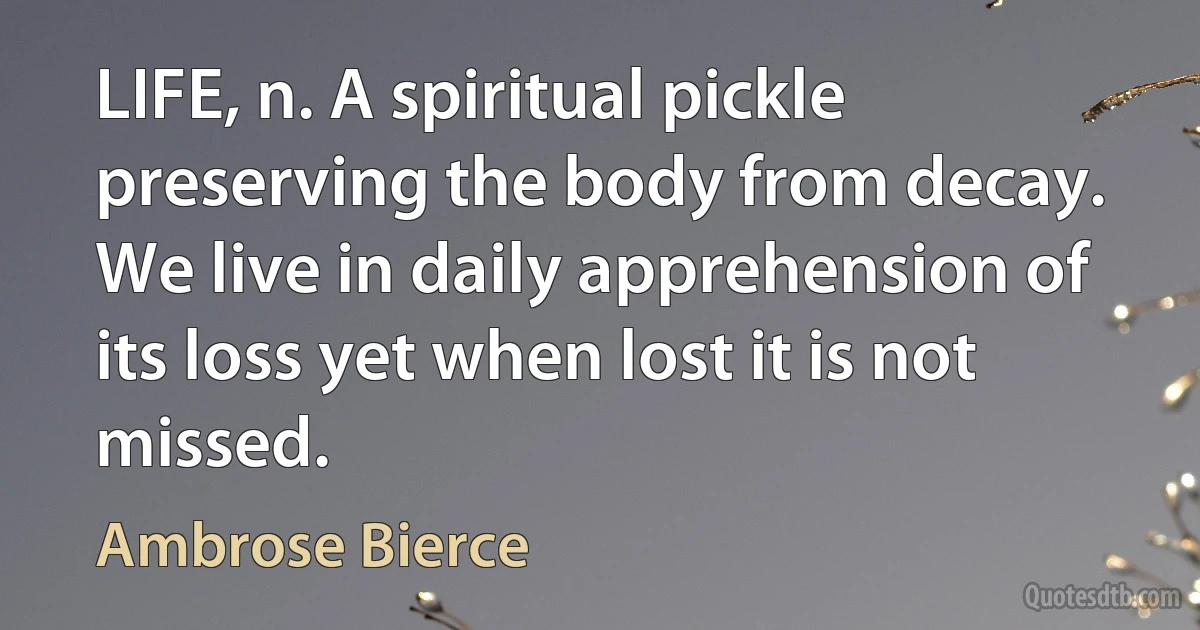 LIFE, n. A spiritual pickle preserving the body from decay. We live in daily apprehension of its loss yet when lost it is not missed. (Ambrose Bierce)