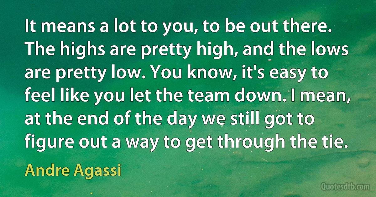 It means a lot to you, to be out there. The highs are pretty high, and the lows are pretty low. You know, it's easy to feel like you let the team down. I mean, at the end of the day we still got to figure out a way to get through the tie. (Andre Agassi)