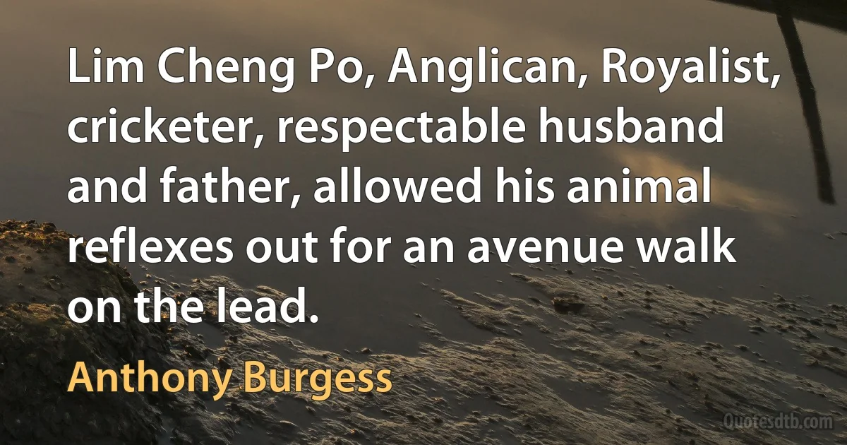 Lim Cheng Po, Anglican, Royalist, cricketer, respectable husband and father, allowed his animal reflexes out for an avenue walk on the lead. (Anthony Burgess)