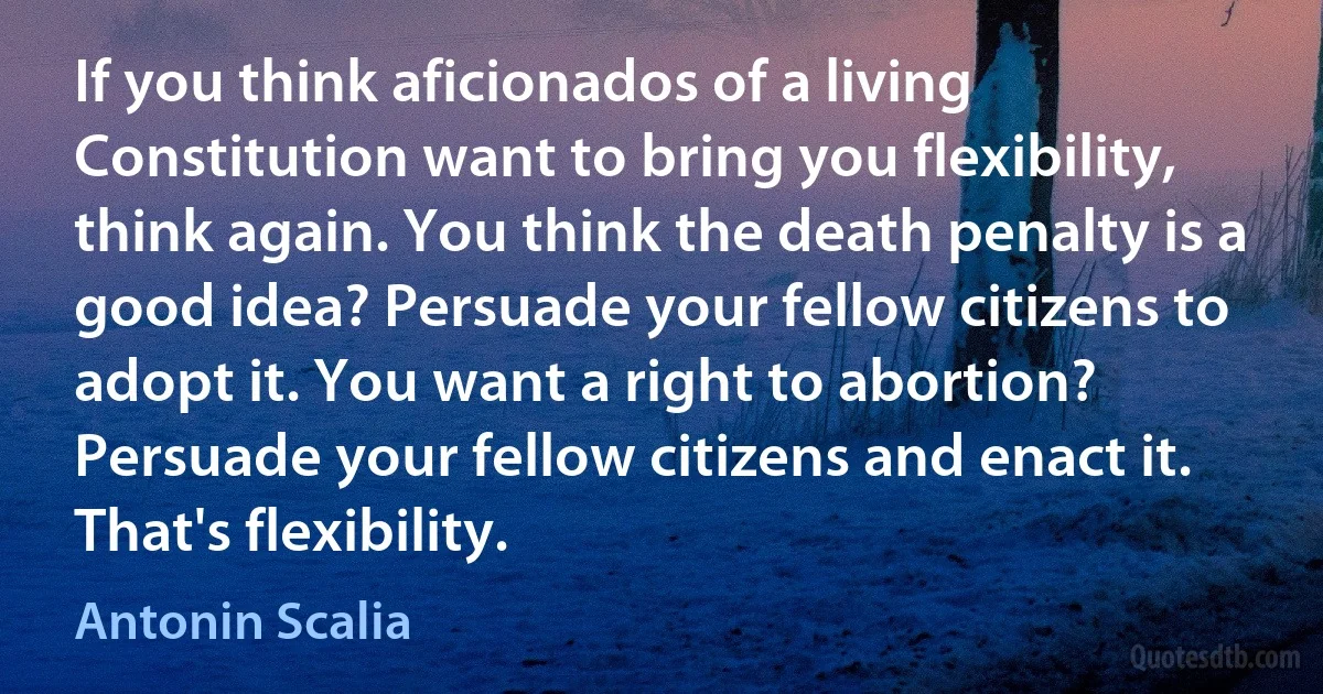 If you think aficionados of a living Constitution want to bring you flexibility, think again. You think the death penalty is a good idea? Persuade your fellow citizens to adopt it. You want a right to abortion? Persuade your fellow citizens and enact it. That's flexibility. (Antonin Scalia)