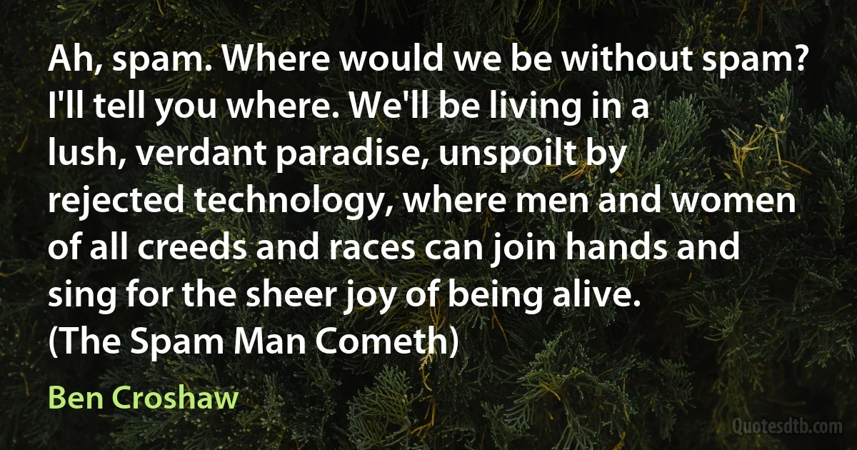 Ah, spam. Where would we be without spam? I'll tell you where. We'll be living in a lush, verdant paradise, unspoilt by rejected technology, where men and women of all creeds and races can join hands and sing for the sheer joy of being alive. (The Spam Man Cometh) (Ben Croshaw)
