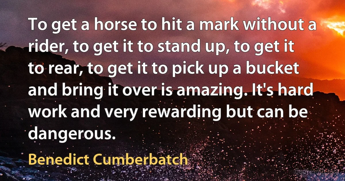 To get a horse to hit a mark without a rider, to get it to stand up, to get it to rear, to get it to pick up a bucket and bring it over is amazing. It's hard work and very rewarding but can be dangerous. (Benedict Cumberbatch)