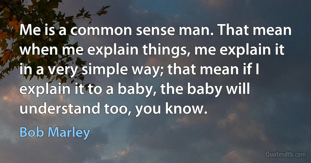 Me is a common sense man. That mean when me explain things, me explain it in a very simple way; that mean if I explain it to a baby, the baby will understand too, you know. (Bob Marley)