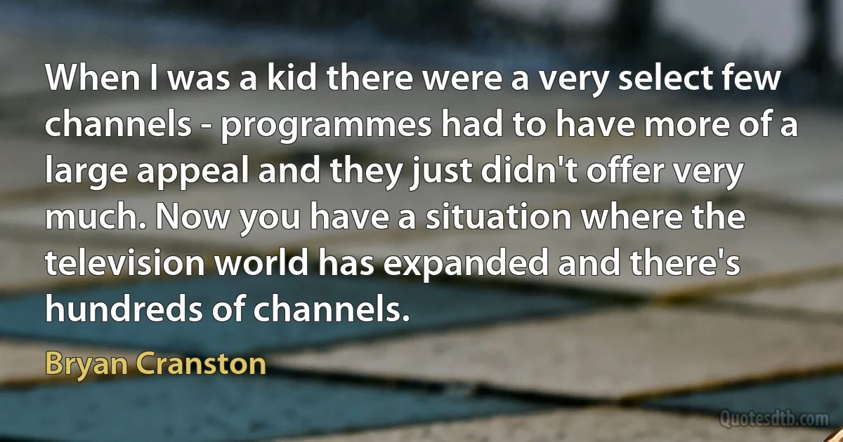 When I was a kid there were a very select few channels - programmes had to have more of a large appeal and they just didn't offer very much. Now you have a situation where the television world has expanded and there's hundreds of channels. (Bryan Cranston)