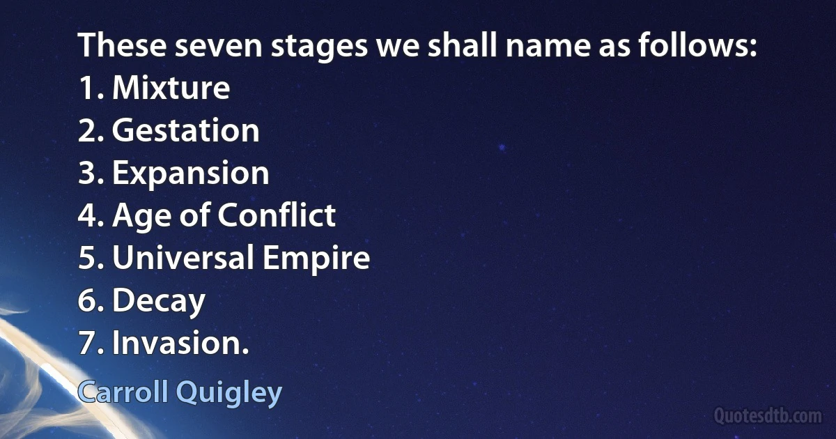 These seven stages we shall name as follows:
1. Mixture
2. Gestation
3. Expansion
4. Age of Conflict
5. Universal Empire
6. Decay
7. Invasion. (Carroll Quigley)