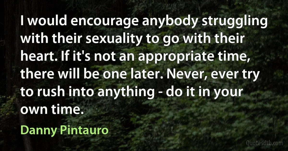 I would encourage anybody struggling with their sexuality to go with their heart. If it's not an appropriate time, there will be one later. Never, ever try to rush into anything - do it in your own time. (Danny Pintauro)