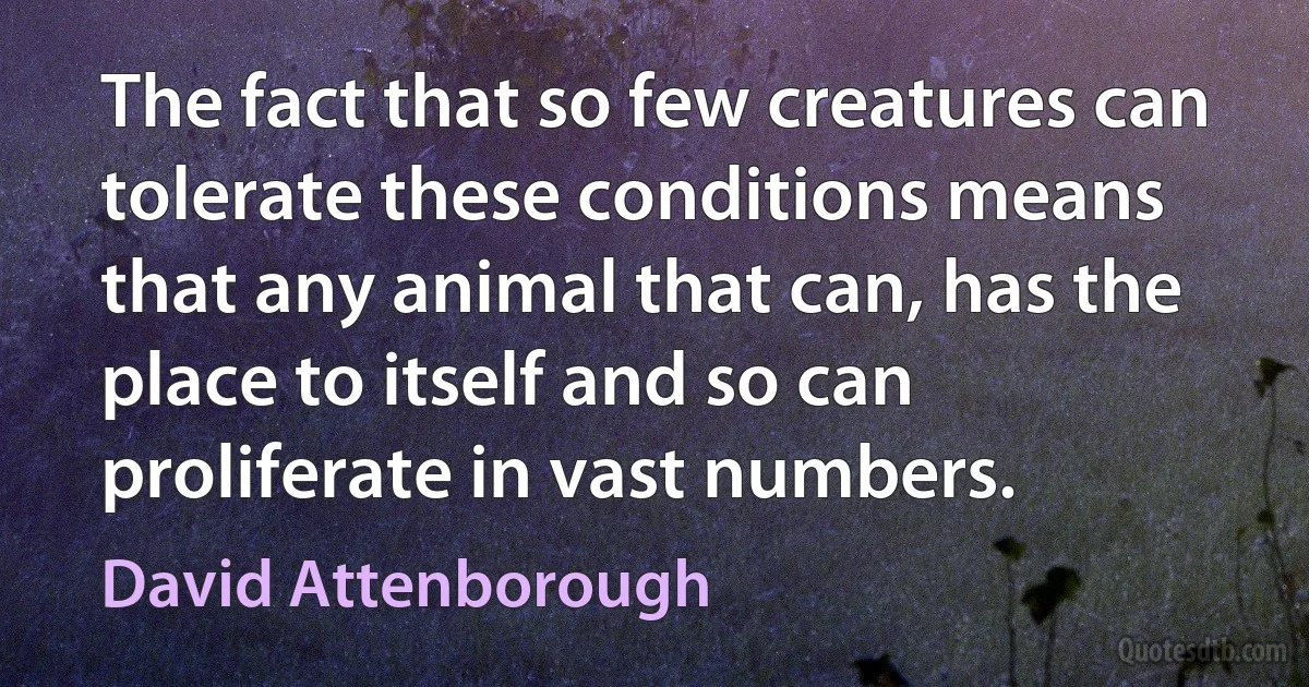 The fact that so few creatures can tolerate these conditions means that any animal that can, has the place to itself and so can proliferate in vast numbers. (David Attenborough)