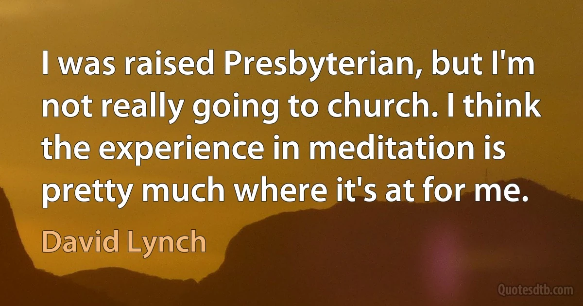 I was raised Presbyterian, but I'm not really going to church. I think the experience in meditation is pretty much where it's at for me. (David Lynch)