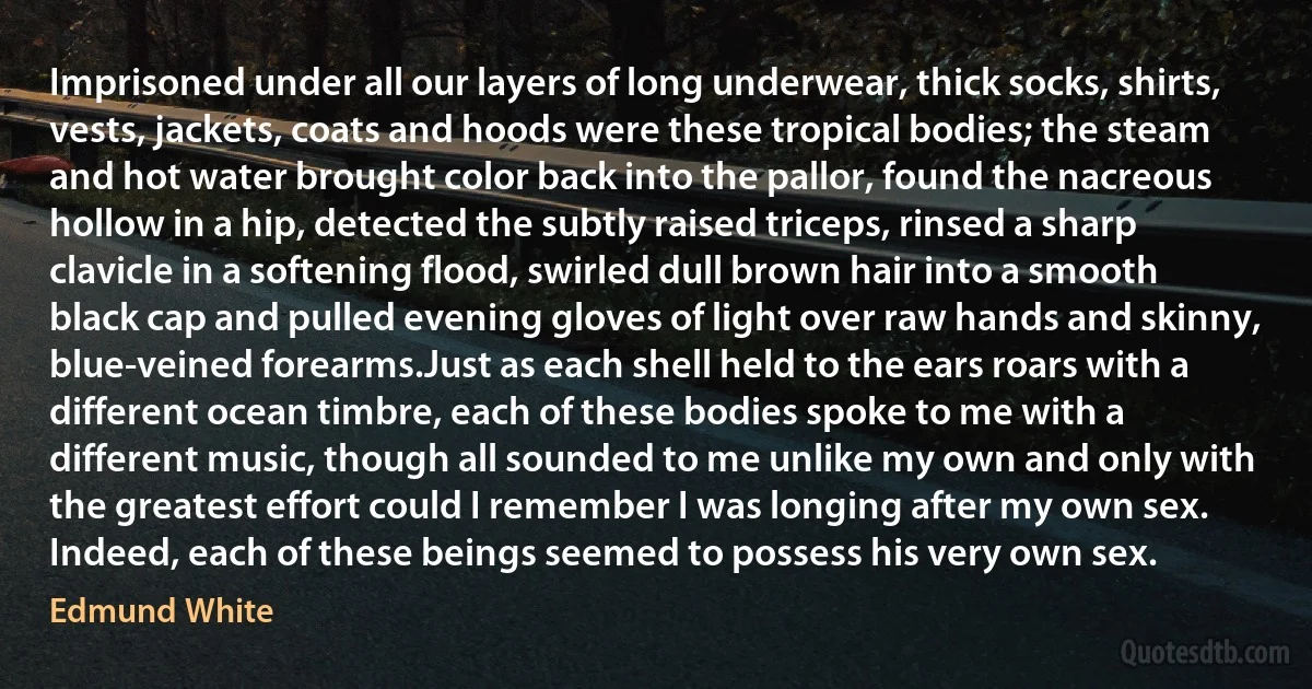 Imprisoned under all our layers of long underwear, thick socks, shirts, vests, jackets, coats and hoods were these tropical bodies; the steam and hot water brought color back into the pallor, found the nacreous hollow in a hip, detected the subtly raised triceps, rinsed a sharp clavicle in a softening flood, swirled dull brown hair into a smooth black cap and pulled evening gloves of light over raw hands and skinny, blue-veined forearms.Just as each shell held to the ears roars with a different ocean timbre, each of these bodies spoke to me with a different music, though all sounded to me unlike my own and only with the greatest effort could I remember I was longing after my own sex. Indeed, each of these beings seemed to possess his very own sex. (Edmund White)