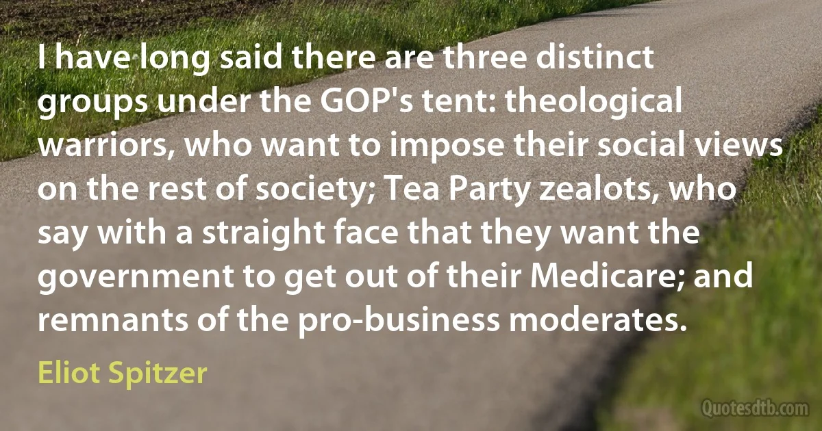 I have long said there are three distinct groups under the GOP's tent: theological warriors, who want to impose their social views on the rest of society; Tea Party zealots, who say with a straight face that they want the government to get out of their Medicare; and remnants of the pro-business moderates. (Eliot Spitzer)