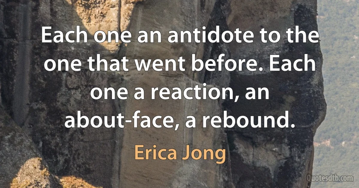 Each one an antidote to the one that went before. Each one a reaction, an about-face, a rebound. (Erica Jong)