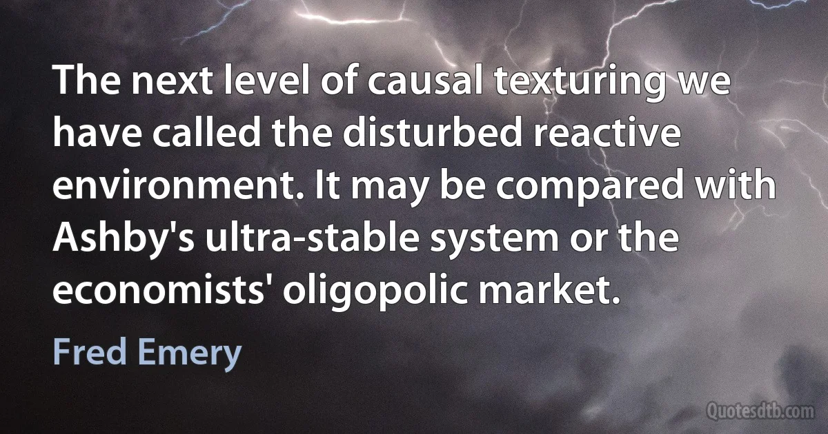 The next level of causal texturing we have called the disturbed reactive environment. It may be compared with Ashby's ultra-stable system or the economists' oligopolic market. (Fred Emery)