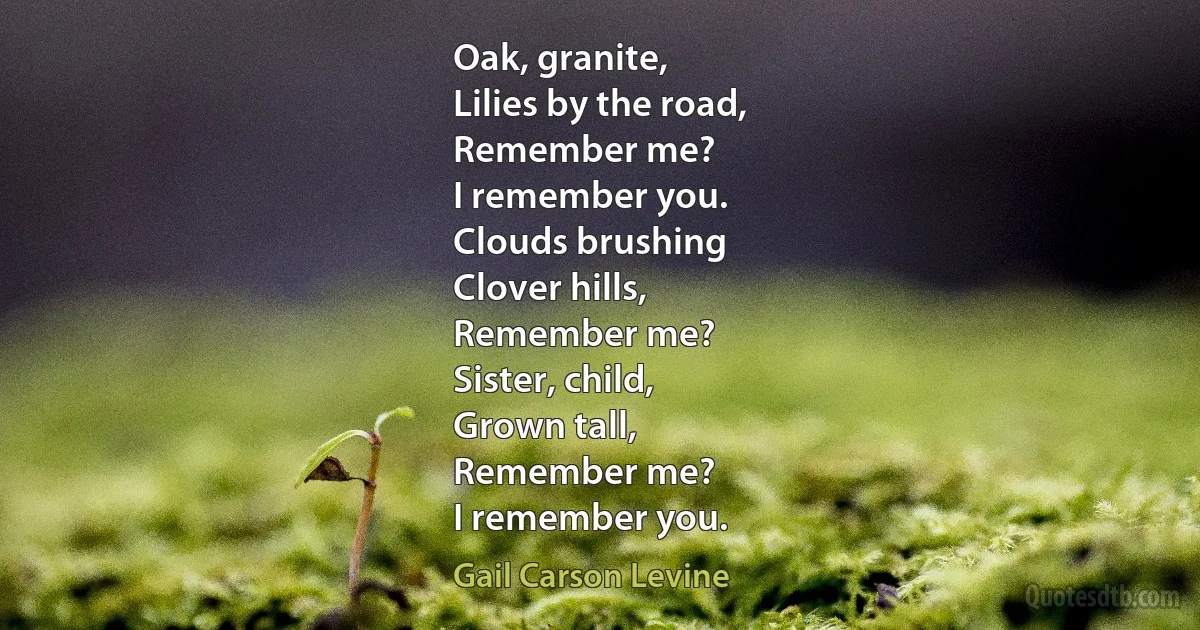 Oak, granite,
Lilies by the road,
Remember me?
I remember you.
Clouds brushing
Clover hills,
Remember me?
Sister, child,
Grown tall,
Remember me?
I remember you. (Gail Carson Levine)