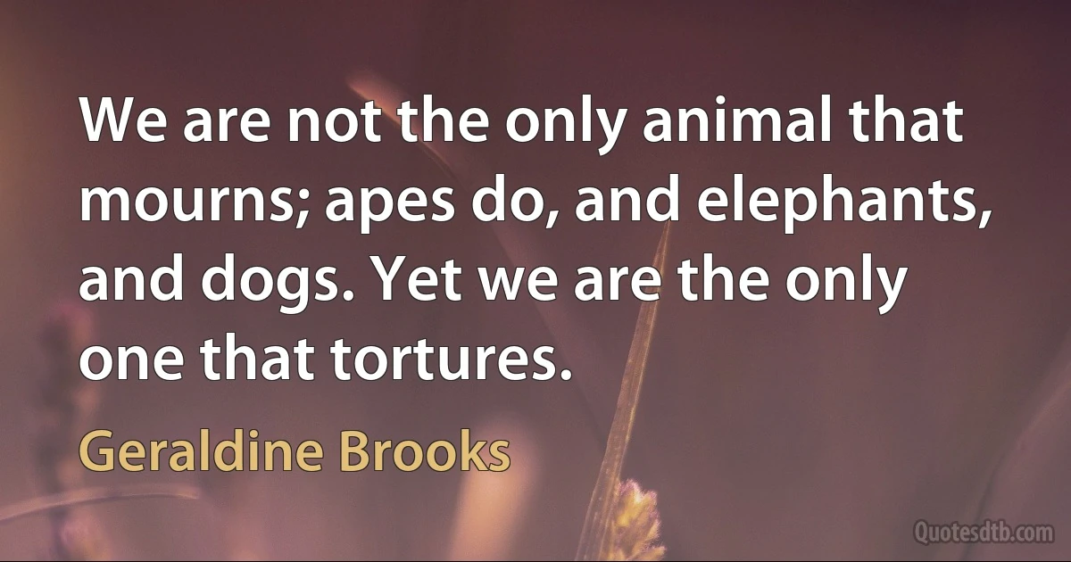 We are not the only animal that mourns; apes do, and elephants, and dogs. Yet we are the only one that tortures. (Geraldine Brooks)