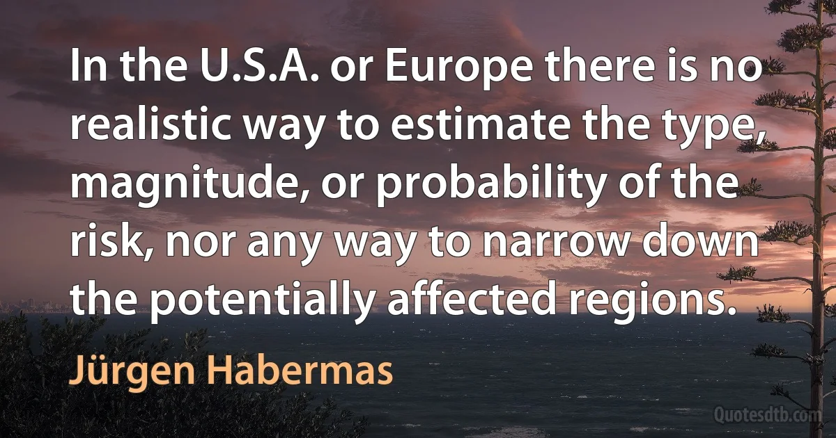 In the U.S.A. or Europe there is no realistic way to estimate the type, magnitude, or probability of the risk, nor any way to narrow down the potentially affected regions. (Jürgen Habermas)