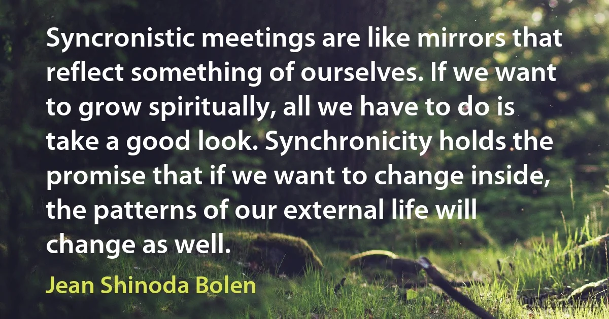 Syncronistic meetings are like mirrors that reflect something of ourselves. If we want to grow spiritually, all we have to do is take a good look. Synchronicity holds the promise that if we want to change inside, the patterns of our external life will change as well. (Jean Shinoda Bolen)