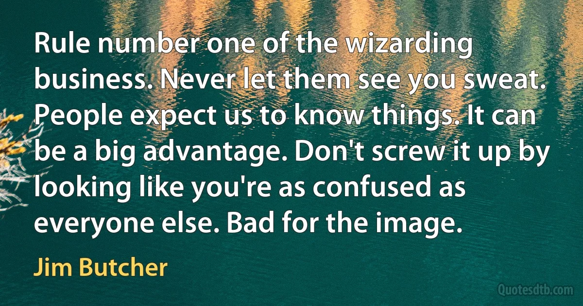 Rule number one of the wizarding business. Never let them see you sweat. People expect us to know things. It can be a big advantage. Don't screw it up by looking like you're as confused as everyone else. Bad for the image. (Jim Butcher)