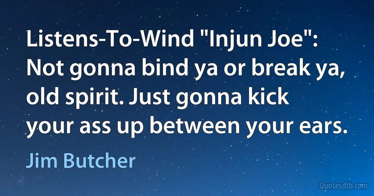 Listens-To-Wind "Injun Joe": Not gonna bind ya or break ya, old spirit. Just gonna kick your ass up between your ears. (Jim Butcher)