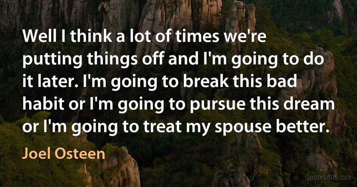 Well I think a lot of times we're putting things off and I'm going to do it later. I'm going to break this bad habit or I'm going to pursue this dream or I'm going to treat my spouse better. (Joel Osteen)