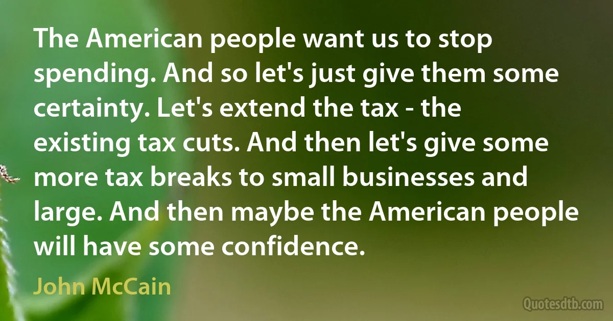 The American people want us to stop spending. And so let's just give them some certainty. Let's extend the tax - the existing tax cuts. And then let's give some more tax breaks to small businesses and large. And then maybe the American people will have some confidence. (John McCain)