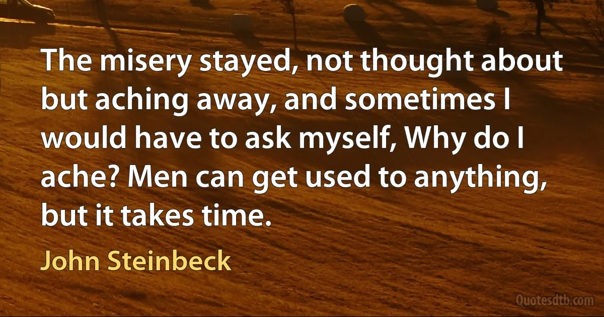 The misery stayed, not thought about but aching away, and sometimes I would have to ask myself, Why do I ache? Men can get used to anything, but it takes time. (John Steinbeck)