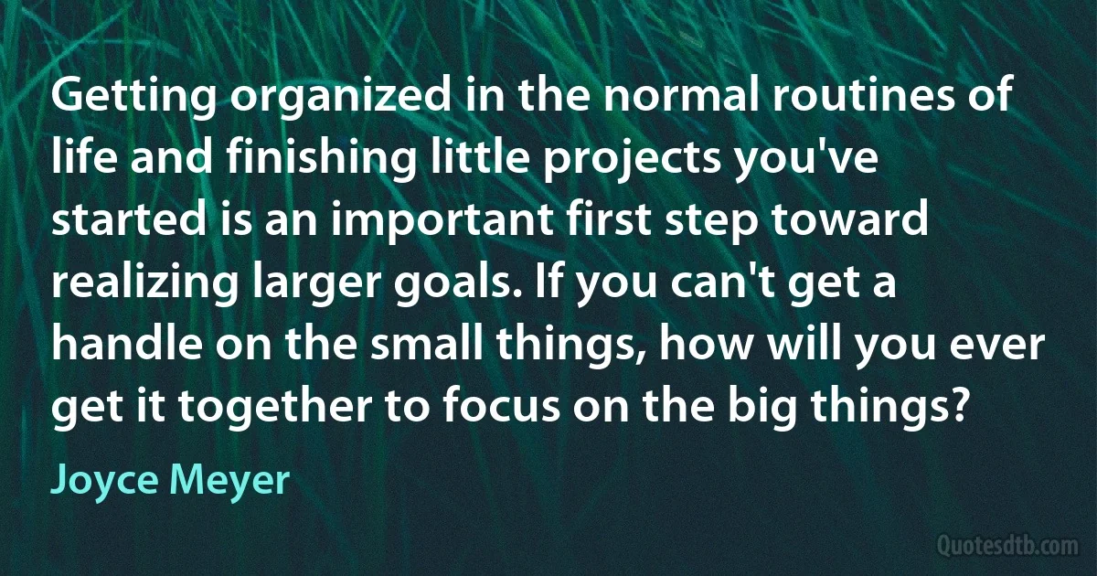 Getting organized in the normal routines of life and finishing little projects you've started is an important first step toward realizing larger goals. If you can't get a handle on the small things, how will you ever get it together to focus on the big things? (Joyce Meyer)